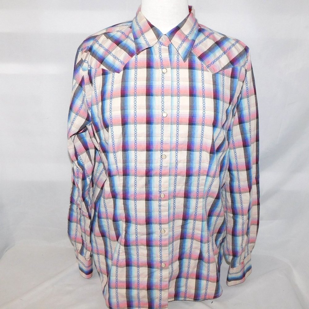 WRANGLER Western Pearl Snap Pink Blue White Plaid Shirt Rodeo Womens L